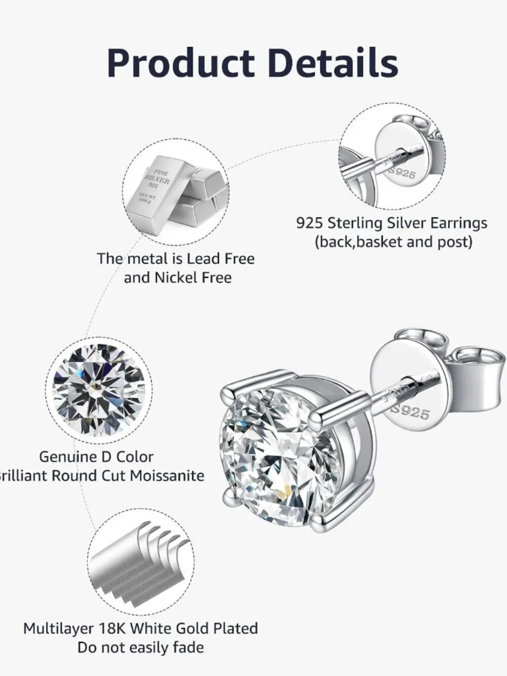Elegant Moissanite Stud Earrings in 925 Sterling Silver for Women & Men